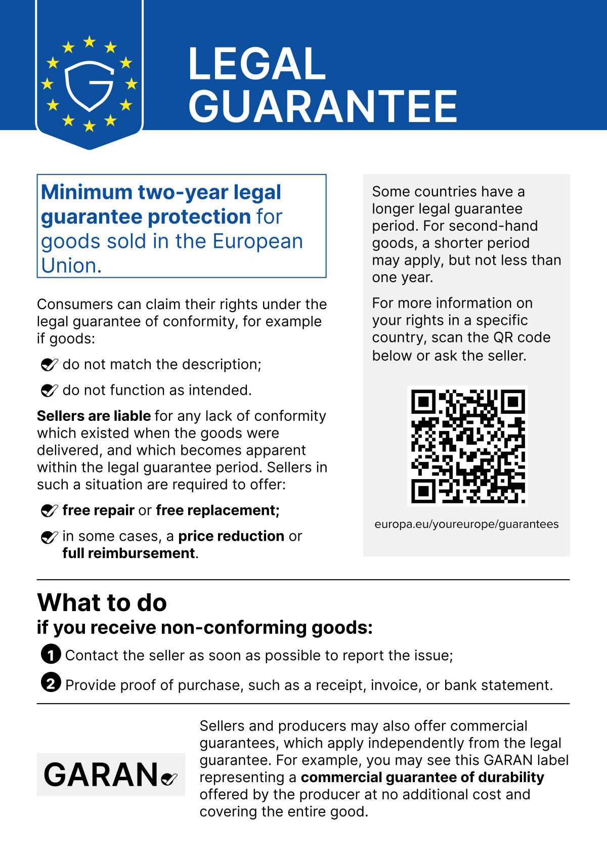 EU Legal Guarantee — minimum two-year legal guarantee protection for goods sold in the European Union